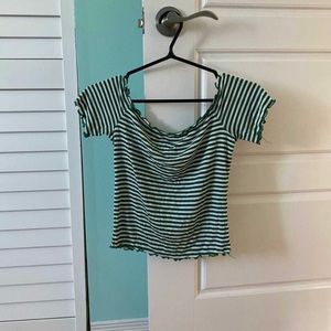 Crop top off the shoulder white and green top